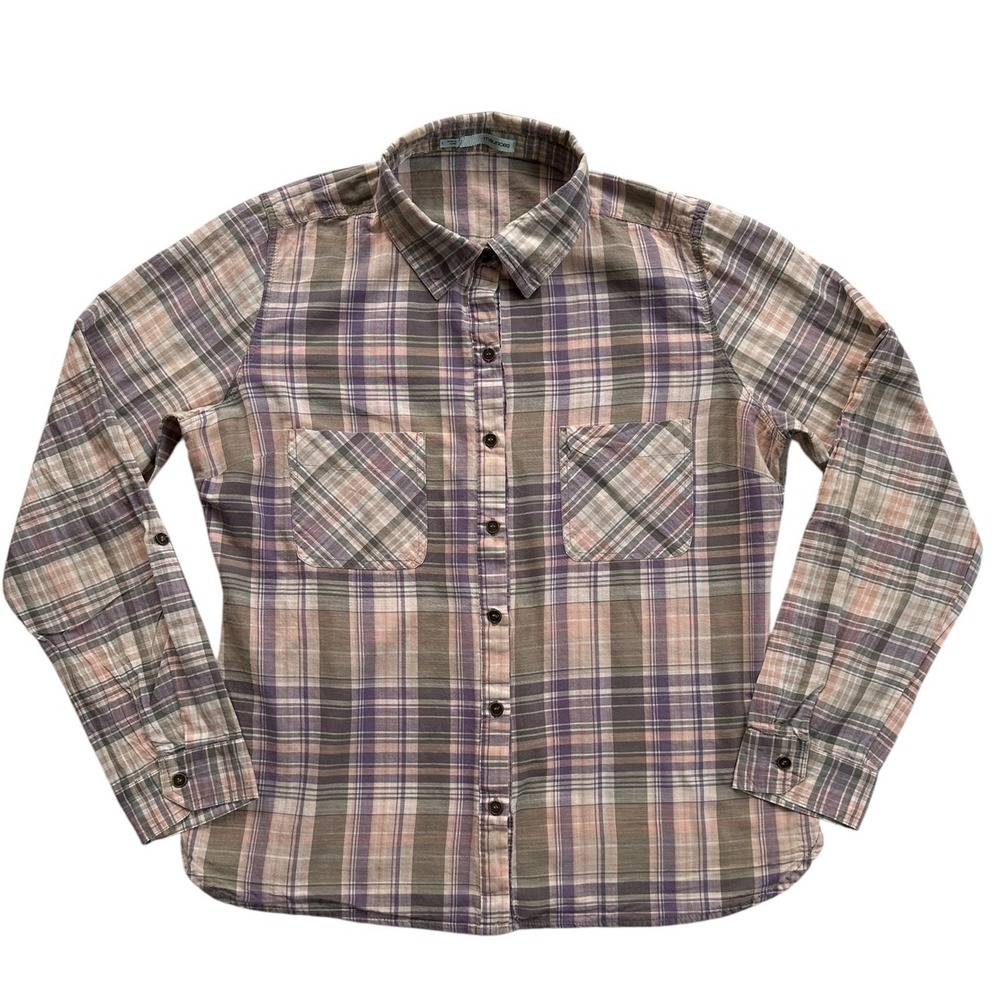 Maurices Plaid Button Down Shirt Womens Large Purple Tan Long‎ Sleeve Excellent